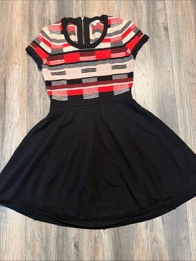 Shoshanna 100%Wool Black Dress  with Red, Cream Striped Bodice